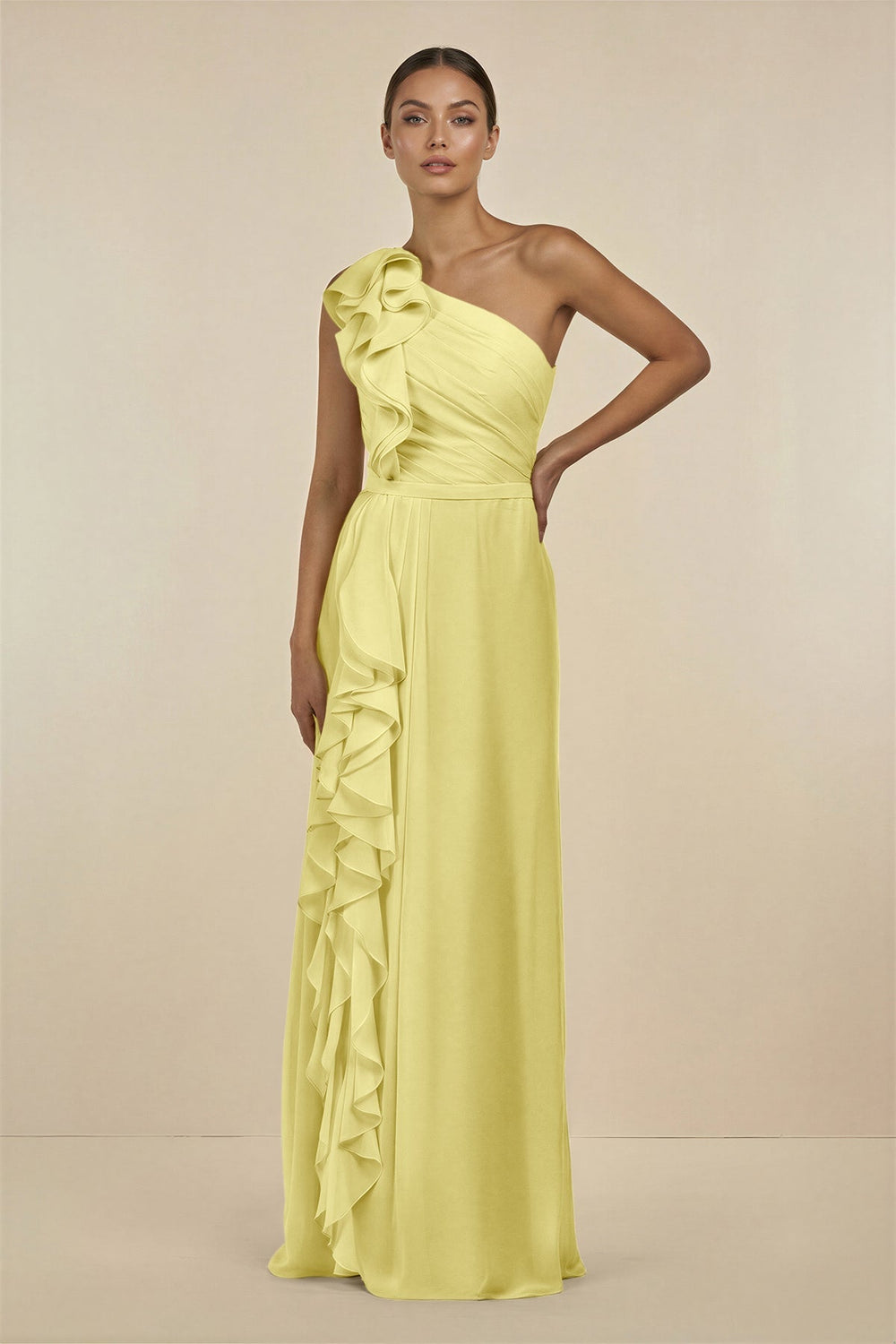 Ruffled One - Shoulder Pleated Sheath Bridesmaid Dress in Buttercup - SHE IS ME Bridesmaid Dresses
