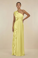 Ruffled One - Shoulder Pleated Sheath Bridesmaid Dress in Buttercup - SHE IS ME Bridesmaid Dresses