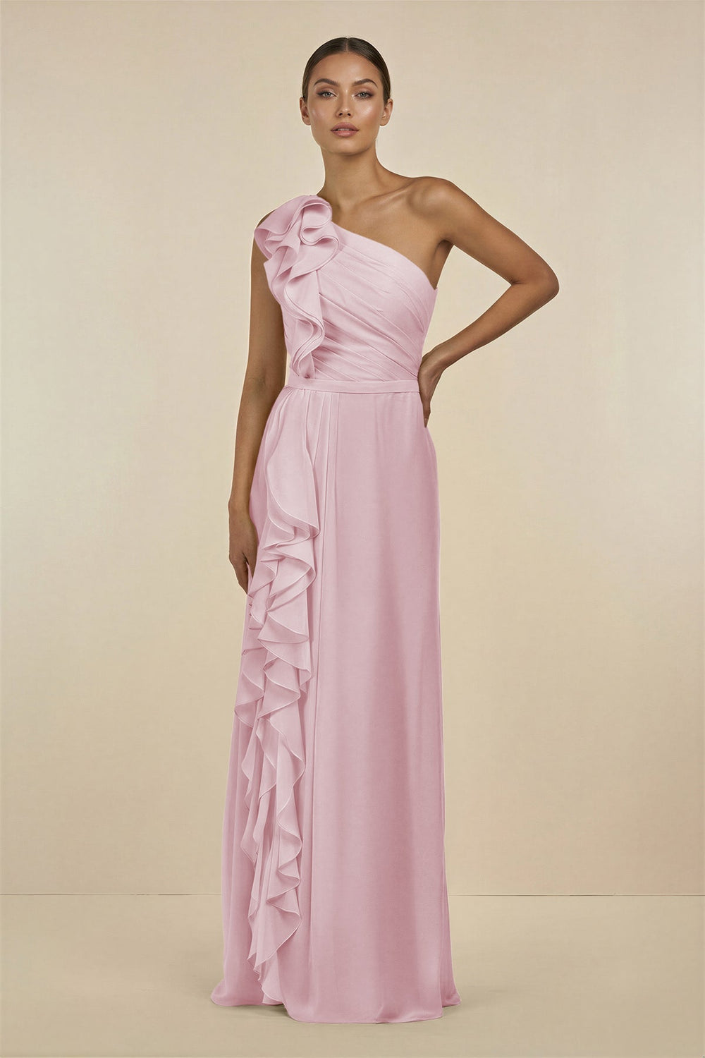 Ruffled One - Shoulder Pleated Sheath Bridesmaid Dress in Candy Pink - SHE IS ME Bridesmaid Dresses