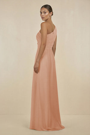 Ruffled One - Shoulder Pleated Sheath Bridesmaid Dress in Champagne Rose - SHE IS ME Bridesmaid Dresses