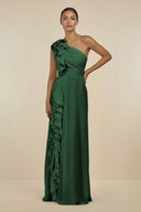 Ruffled One - Shoulder Pleated Sheath Bridesmaid Dress in Dark Green - SHE IS ME Bridesmaid Dresses