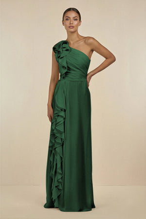 Ruffled One - Shoulder Pleated Sheath Bridesmaid Dress in Dark Green - SHE IS ME Bridesmaid Dresses