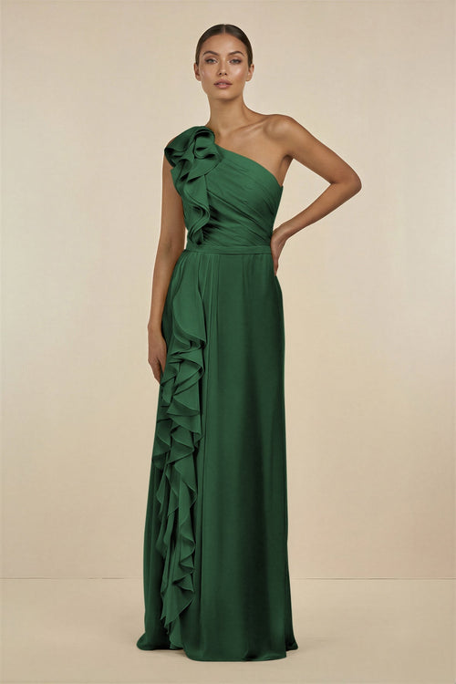 Ruffled One - Shoulder Pleated Sheath Bridesmaid Dress in Dark Green - SHE IS ME Bridesmaid Dresses