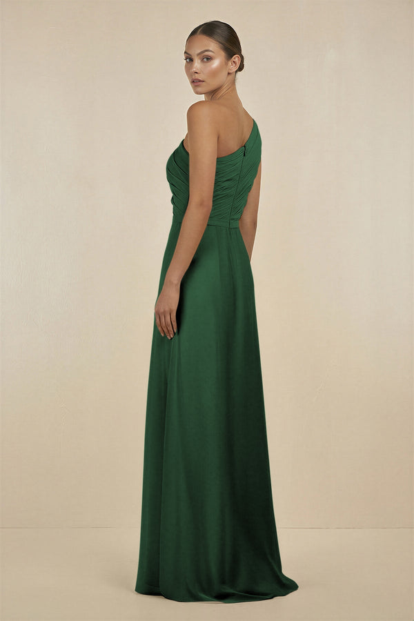 Ruffled One - Shoulder Pleated Sheath Bridesmaid Dress in Dark Green - SHE IS ME Bridesmaid Dresses