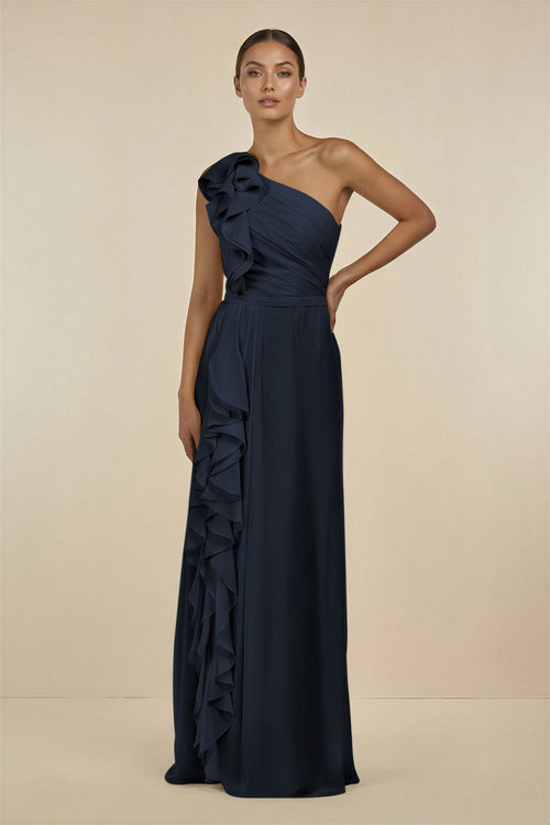 Ruffled One - Shoulder Pleated Sheath Bridesmaid Dress in Dark Navy - SHE IS ME Bridesmaid Dresses