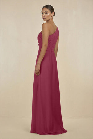 Ruffled One - Shoulder Pleated Sheath Bridesmaid Dress in Desert Rose - SHE IS ME Bridesmaid Dresses