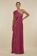 Ruffled One - Shoulder Pleated Sheath Bridesmaid Dress in Desert Rose - SHE IS ME Bridesmaid Dresses