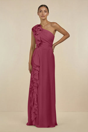 Ruffled One - Shoulder Pleated Sheath Bridesmaid Dress in Desert Rose - SHE IS ME Bridesmaid Dresses