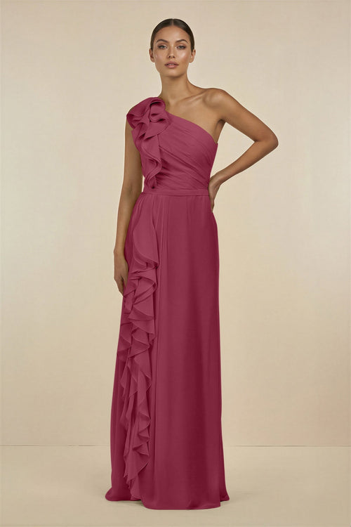 Ruffled One - Shoulder Pleated Sheath Bridesmaid Dress in Desert Rose - SHE IS ME Bridesmaid Dresses