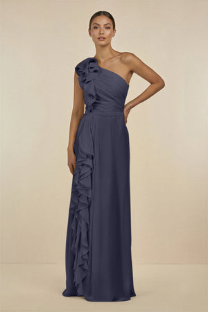 Ruffled One - Shoulder Pleated Sheath Bridesmaid Dress in Dusk Blue - SHE IS ME Bridesmaid Dresses