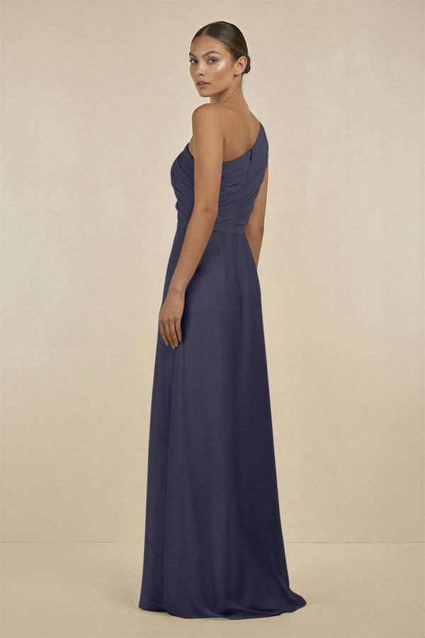Ruffled One - Shoulder Pleated Sheath Bridesmaid Dress in Dusk Blue - SHE IS ME Bridesmaid Dresses