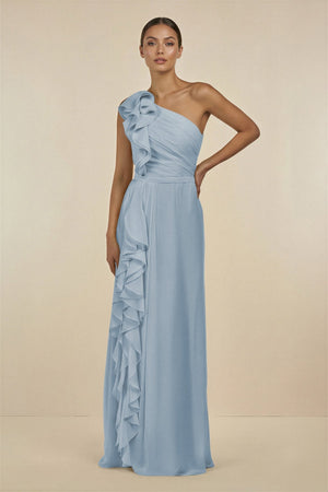 Ruffled One - Shoulder Pleated Sheath Bridesmaid Dress in Dusty Blue - SHE IS ME Bridesmaid Dresses