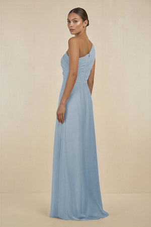 Ruffled One - Shoulder Pleated Sheath Bridesmaid Dress in Dusty Blue - SHE IS ME Bridesmaid Dresses