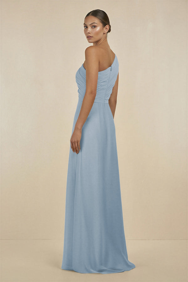 Ruffled One - Shoulder Pleated Sheath Bridesmaid Dress in Dusty Blue - SHE IS ME Bridesmaid Dresses