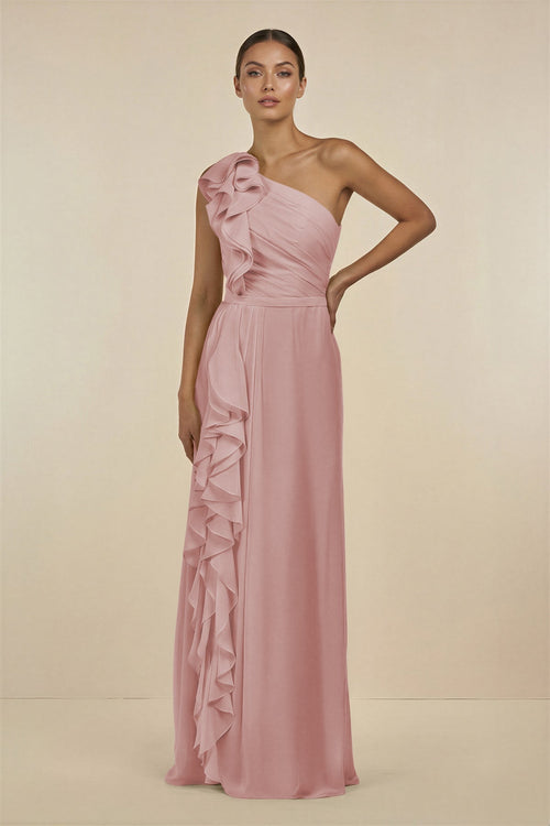 Ruffled One - Shoulder Pleated Sheath Bridesmaid Dress in Dusty Rose - SHE IS ME Bridesmaid Dresses