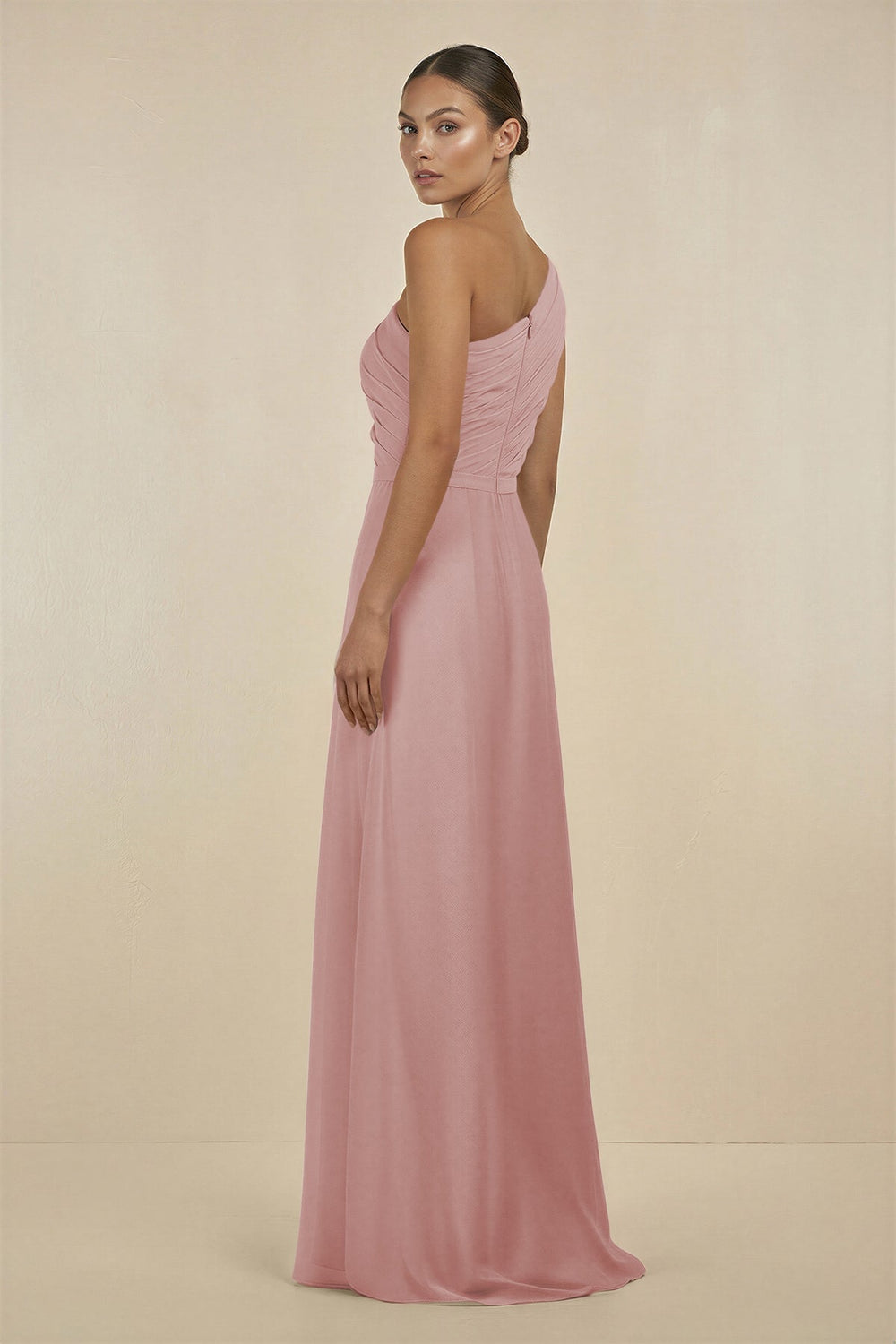 Ruffled One - Shoulder Pleated Sheath Bridesmaid Dress in Dusty Rose - SHE IS ME Bridesmaid Dresses