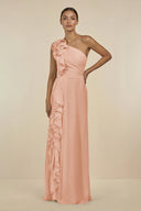 Ruffled One - Shoulder Pleated Sheath Bridesmaid Dress in English Rose - SHE IS ME Bridesmaid Dresses