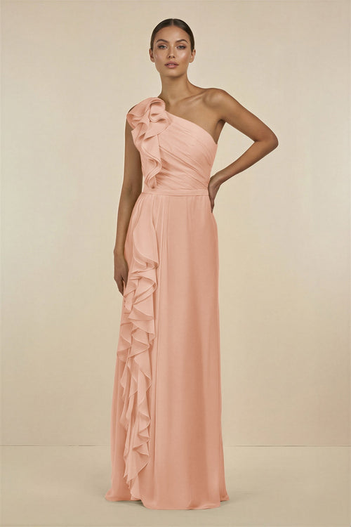 Ruffled One - Shoulder Pleated Sheath Bridesmaid Dress in English Rose - SHE IS ME Bridesmaid Dresses