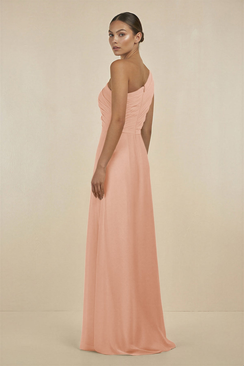 Ruffled One - Shoulder Pleated Sheath Bridesmaid Dress in English Rose - SHE IS ME Bridesmaid Dresses