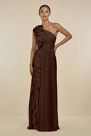 Ruffled One - Shoulder Pleated Sheath Bridesmaid Dress in Espresso - SHE IS ME Bridesmaid Dresses