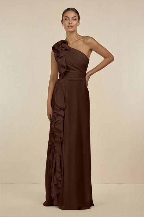 Ruffled One - Shoulder Pleated Sheath Bridesmaid Dress in Espresso - SHE IS ME Bridesmaid Dresses