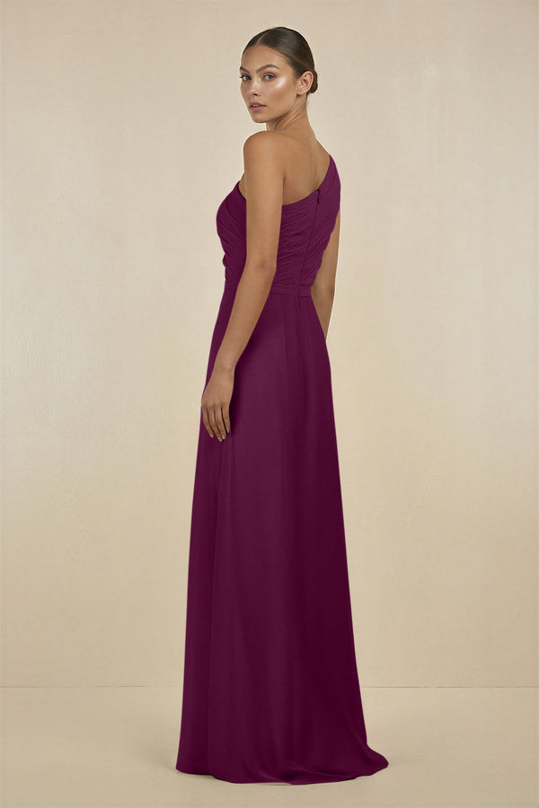 Ruffled One - Shoulder Pleated Sheath Bridesmaid Dress in Fig - SHE IS ME Bridesmaid Dresses