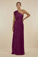 Ruffled One - Shoulder Pleated Sheath Bridesmaid Dress in Fig - SHE IS ME Bridesmaid Dresses