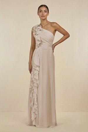 Ruffled One - Shoulder Pleated Sheath Bridesmaid Dress in Frost - SHE IS ME Bridesmaid Dresses