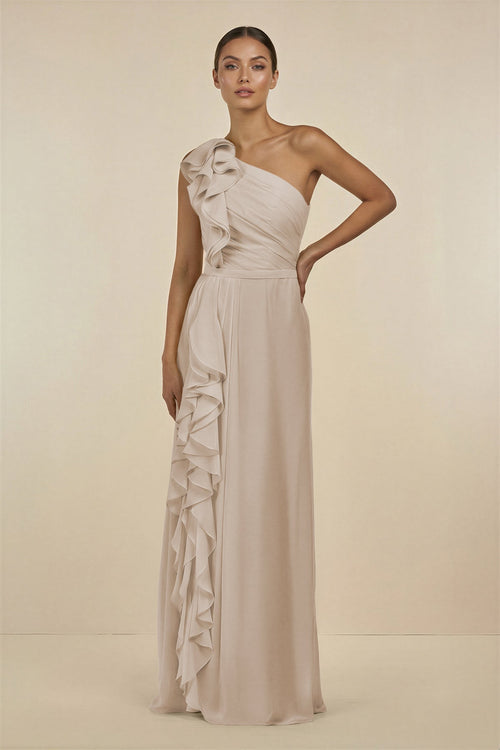 Ruffled One - Shoulder Pleated Sheath Bridesmaid Dress in Frost - SHE IS ME Bridesmaid Dresses
