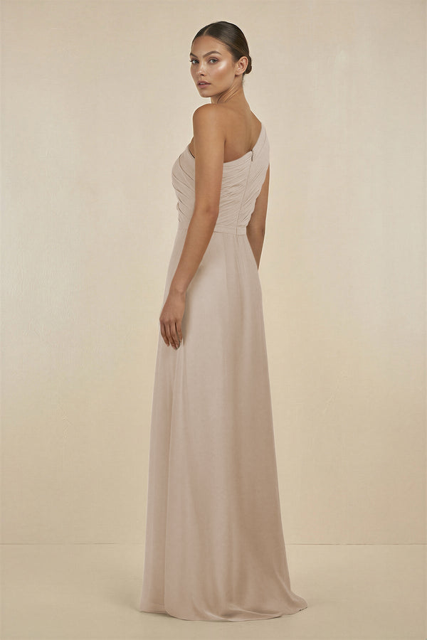 Ruffled One - Shoulder Pleated Sheath Bridesmaid Dress in Frost - SHE IS ME Bridesmaid Dresses