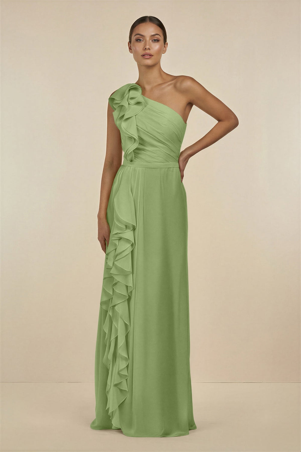 Ruffled One - Shoulder Pleated Sheath Bridesmaid Dress in Matcha - SHE IS ME Bridesmaid Dresses