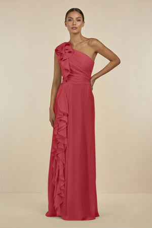 Ruffled One - Shoulder Pleated Sheath Bridesmaid Dress in Merlot - SHE IS ME Bridesmaid Dresses