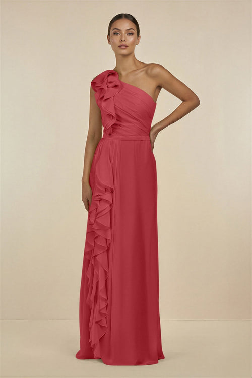 Ruffled One - Shoulder Pleated Sheath Bridesmaid Dress in Merlot - SHE IS ME Bridesmaid Dresses