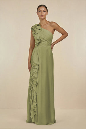 Ruffled One - Shoulder Pleated Sheath Bridesmaid Dress in Moss Green - SHE IS ME Bridesmaid Dresses