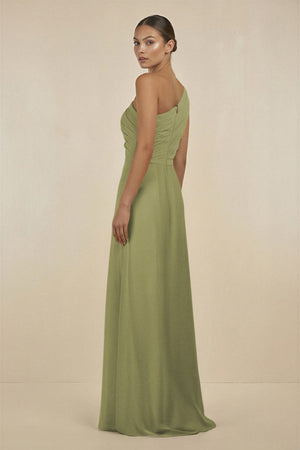 Ruffled One - Shoulder Pleated Sheath Bridesmaid Dress in Moss Green - SHE IS ME Bridesmaid Dresses