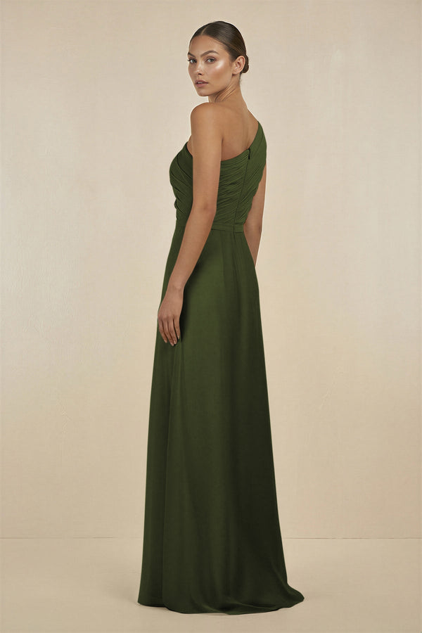 Ruffled One - Shoulder Pleated Sheath Bridesmaid Dress in Olive - SHE IS ME Bridesmaid Dresses