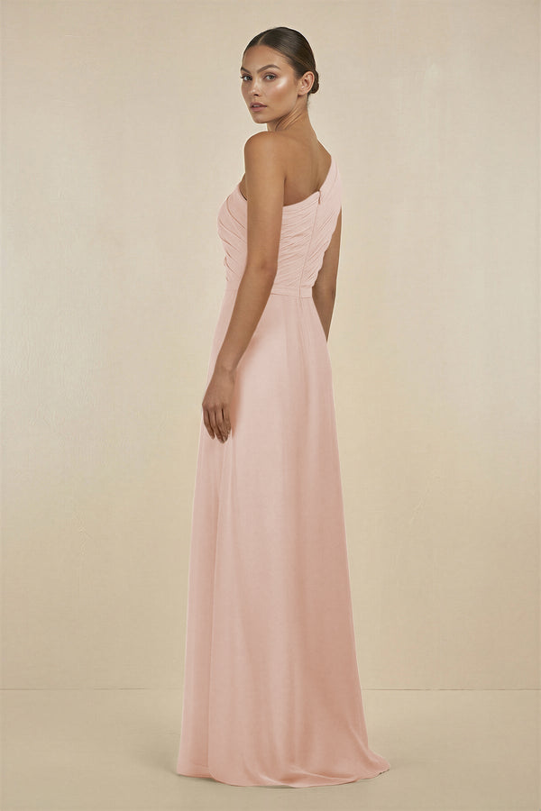 Ruffled One - Shoulder Pleated Sheath Bridesmaid Dress in Pale Blush - SHE IS ME Bridesmaid Dresses