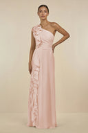 Ruffled One - Shoulder Pleated Sheath Bridesmaid Dress in Pale Blush - SHE IS ME Bridesmaid Dresses