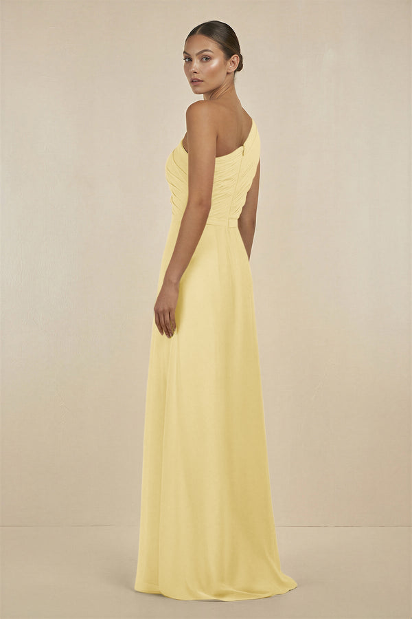 Ruffled One - Shoulder Pleated Sheath Bridesmaid Dress in Pastel Yellow - SHE IS ME Bridesmaid Dresses
