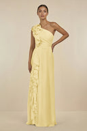 Ruffled One - Shoulder Pleated Sheath Bridesmaid Dress in Pastel Yellow - SHE IS ME Bridesmaid Dresses