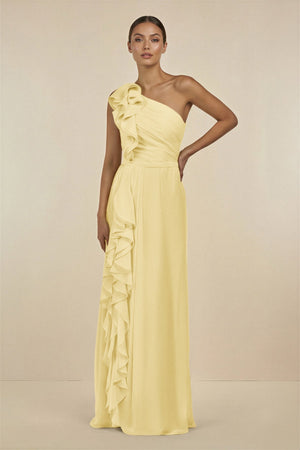 Ruffled One - Shoulder Pleated Sheath Bridesmaid Dress in Pastel Yellow - SHE IS ME Bridesmaid Dresses