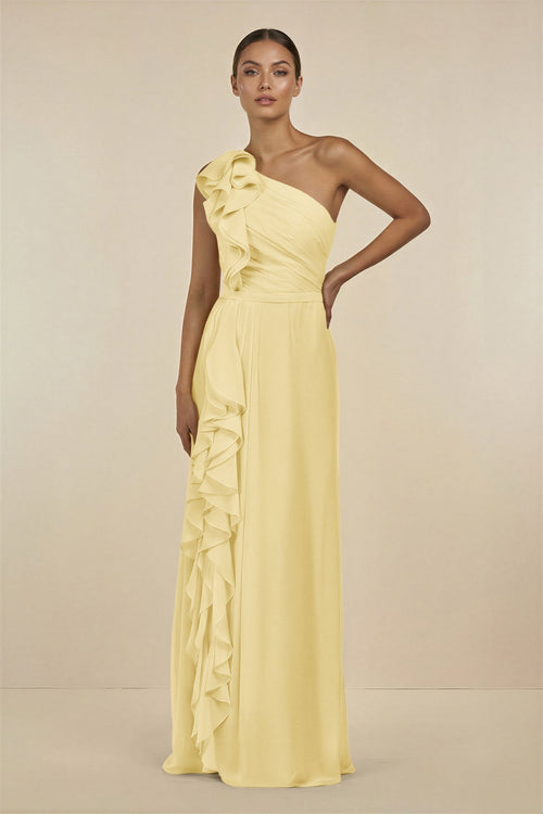 Ruffled One - Shoulder Pleated Sheath Bridesmaid Dress in Pastel Yellow - SHE IS ME Bridesmaid Dresses