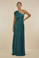 Ruffled One - Shoulder Pleated Sheath Bridesmaid Dress in Pine - SHE IS ME Bridesmaid Dresses