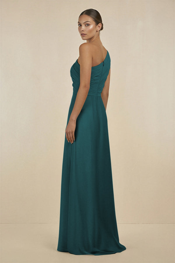 Ruffled One - Shoulder Pleated Sheath Bridesmaid Dress in Pine - SHE IS ME Bridesmaid Dresses