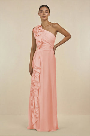 Ruffled One - Shoulder Pleated Sheath Bridesmaid Dress in Rose Petal - SHE IS ME Bridesmaid Dresses