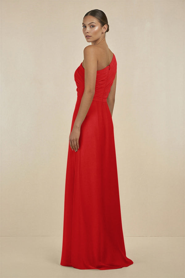 Ruffled One - Shoulder Pleated Sheath Bridesmaid Dress in Ruby Red - SHE IS ME Bridesmaid Dresses