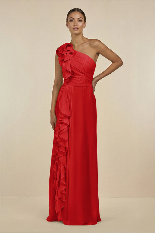 Ruffled One - Shoulder Pleated Sheath Bridesmaid Dress in Ruby Red - SHE IS ME Bridesmaid Dresses