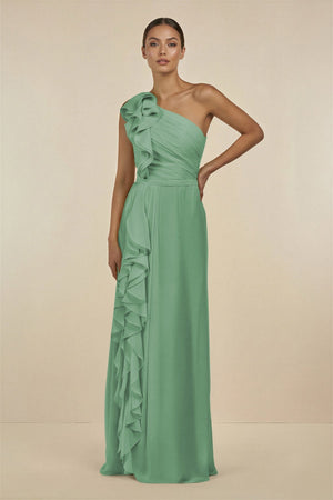 Ruffled One - Shoulder Pleated Sheath Bridesmaid Dress in Sea Glass - SHE IS ME Bridesmaid Dresses