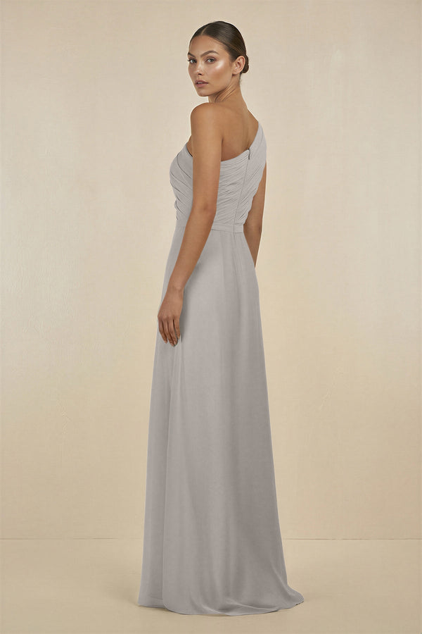 Ruffled One - Shoulder Pleated Sheath Bridesmaid Dress in Silver - SHE IS ME Bridesmaid Dresses