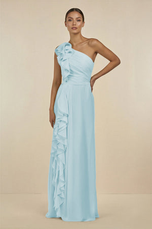 Ruffled One - Shoulder Pleated Sheath Bridesmaid Dress in Sky Blue - SHE IS ME Bridesmaid Dresses